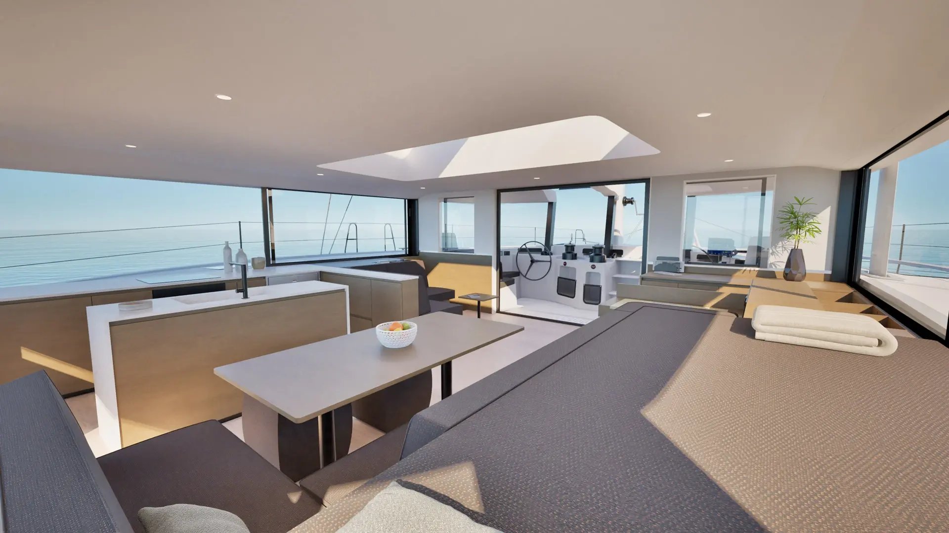 intérieur du windelo 62 salon, cuisine et cockpit